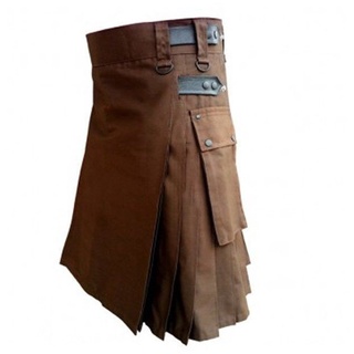 Men Vintage Gothic Steampunk Patchwork Pocket Leather Kilt Cargo Scottish Dress (5)