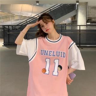Zhongda camiseta de uniforme de baloncesto falso de dos piezas para niños mujer 2021 nueva versión coreana de manga corta para estudiantes sueltos de media manga de media manga ins (4)