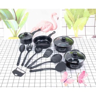 Juego de sartenes antiadherentes 13 piezas de utensilios de cocina Color negro teflón juego de utensilios de cocina