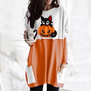 mujer linterna de halloween fantasma calabaza camisa cara disfraz de manga larga tops (1)