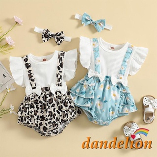 DANDELION-0-18months Baby Girls Summer Outfit Flying Sleeve Floral/Leopard Print Patchwork Romper + Headband (1)