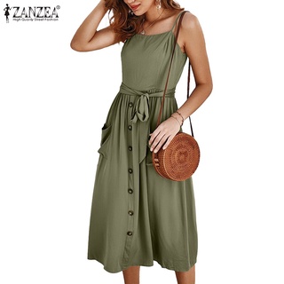 ZANZEA Women Button Front Spaghetti Strap Casual Loose Long Dress