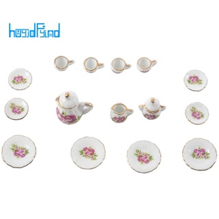 15 piezas de porcelana juego de té casa de muñecas miniatura alimentos rosa platos taza