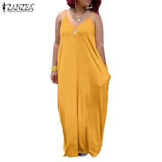 ZANZEA Women Casual Sleeveless V-Neck Solid Color Loose Spaghetti Strap Maxi Dress