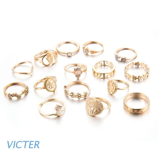 Victer - juego de anillos Boho (15 unidades, oro, cruz, cristal, fátima)