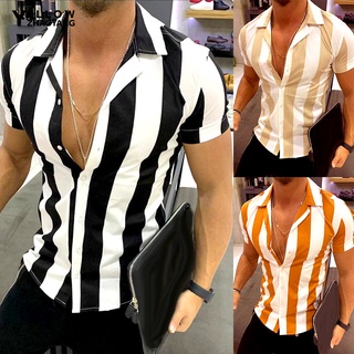 Camisa Casual con cuello con estampado De Manga corta rayas verticales con botones para hombre (1)