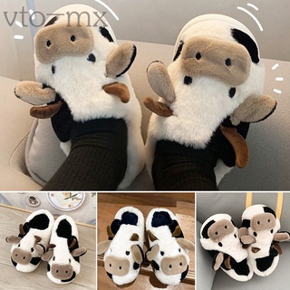 Fuzzy Cow Slippers Cute Warm Cozy Cotton Shoes Animal Shape Slip-on Slippers for Women Girl Winter Supply