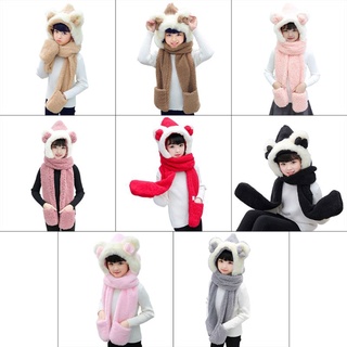 FOR Toddler 3 In 1 Warm Plush Winter Hat Cute Bowknot Bear Ears Kids Scarf Mitten Gloves with Pockets Earflap Hoodie Cap