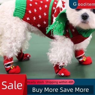 Gooditem 4Pcs calcetines de cachorro de papá noel diseño antideslizante inferior elástico pequeño mediano perros caliente pata calcetines para navidad