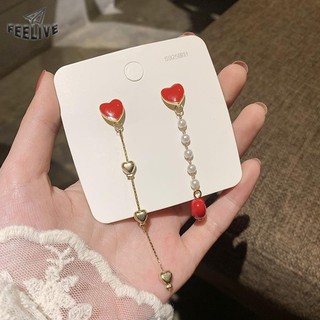 [Feelive] S925 plata aguja amor pendientes mujer temperamento largo borla asimétrica pendientes coreanos red roja personalidad salvaje pendientes