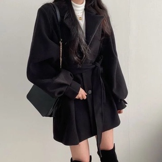 coreano-stylechiotoño e invierno nuevo estilo retro todo-partido elegante traje cuello cintura hermético linterna manga media longitud abrigo mujeres (9)