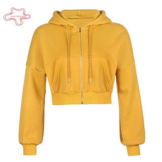 pantherpink Women Long Sleeve Solid Color Pocket Crop Top Plush Warm Zipper Coat Hoodie (6)