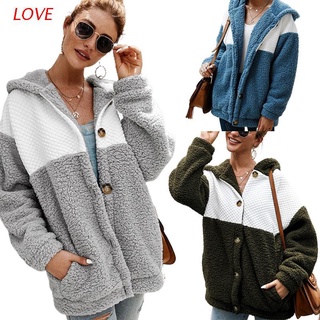 LOVE mujeres costura sudadera con capucha de felpa con bolsillos Casual invierno caliente chamarra Outwear manga larga botones abrigo Tops (1)