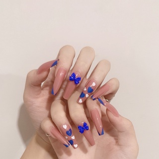 24pcs arco azul parche de uñas tipo pegamento extraíble párrafo largo moda manicura ahorrar tiempo falso parche de uñas