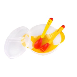 3 unids/Set bebé vajilla Kit de alimentación infantil tazón con ventosa detección de temperatura cuchara tenedor platos vajilla vajilla (9)