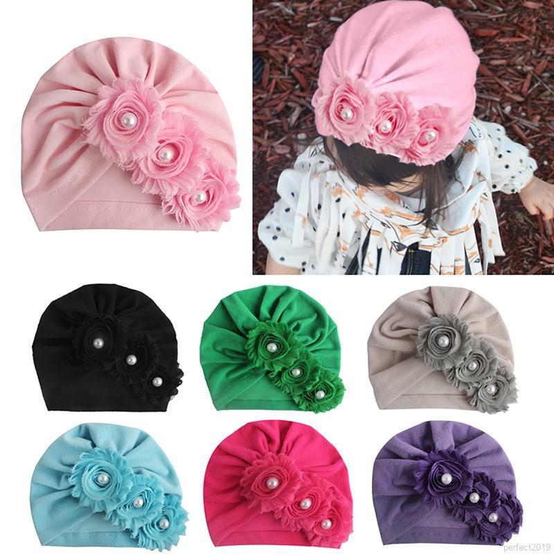 Perfecto bebé recién nacido flor perla diseño niñas bebé turbante elástico sombrero (1)