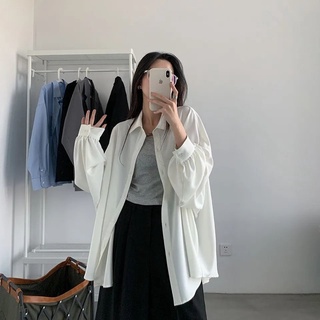 Camisa floja de estilo coreano con manga de linterna camisa blanca protección solar de longitud media de estilo inactivo abrigo fino versátil para mujer (1)