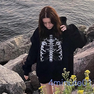 whe-mujer estilo suelto sudadera con capucha negro esqueleto impreso patrón de manga larga con capucha