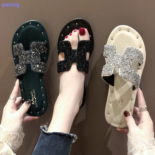 Versión coreana del verano 2021 nueva moda exterior desgaste zapatillas mujer rhinestone estilo Hong Kong fondo plano flip-flo