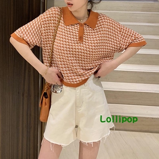 LOLQ-mujer estampado Polo camisa manga corta Turn-down cuello estilo suelto (4)