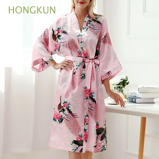 HONGKUN dama de honor ropa de dormir bata de dormir ropa de dormir pavo real seda boda satén túnica Kimono bata de baño Multicolor