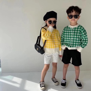 2021 new children's casual plaid jacket boys and girls threaded collar button jacket cardigan