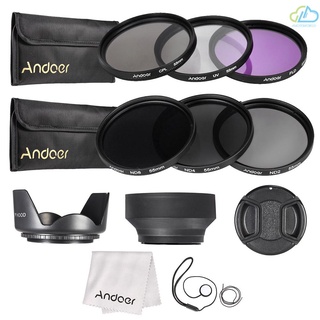 [AUD] Andoer Kit de filtro de lente de 55 mm UV+CPL+FLD+ND (ND2 ND4 ND8) con bolsa de transporte, tapa de lente, soporte para tapa de lente, tulipán y capucha de lente de goma, paño de limpieza