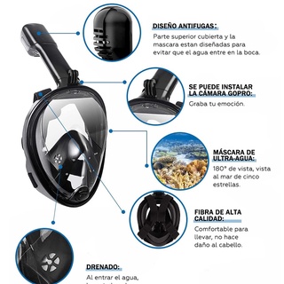 Máscara de esnórquel buceo snorkel gafas panorámicas de 180°, adaptador GoPro antiniebla (1)