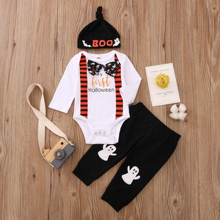 [*dos Veces*-] bebé bebé niños niñas Halloween carta mameluco+pantalones de dibujos animados+sombrero conjunto