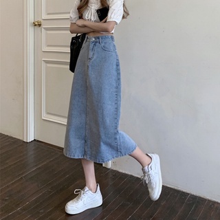 Split A-line skirt female summer 2021 new Hong Kong style mid-length high-waist thin denim skirt student