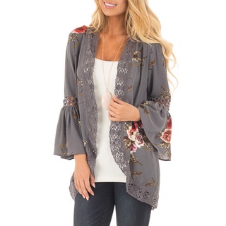 Mujer encaje Floral abierto capa Casual abrigo suelto blusa kimono chamarra Cardigan M
