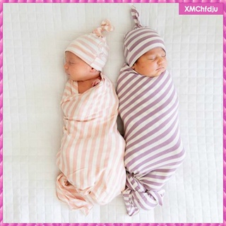 [listo stock] suave bebé niños algodón rayas envoltura caliente con sombrero (0-2 meses de edad)
