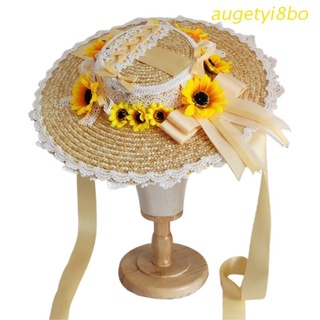 augetyi8bo Lolita Flat Top Hat Sweet Sunflower Straw Hat Elegant Bow Lace Hat Headwear