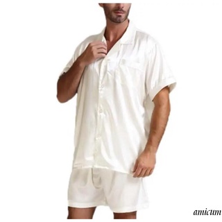 ✤Wj★Los hombres de verano pijamas conjunto, Color sólido de manga corta botón Top+pantalones cortos ropa de dormir traje
