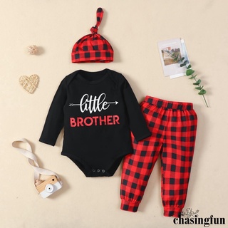 Chf-3 piezas trajes de cuadros recién nacidos, estampado de letras de niño, manga larga, pijama de cuello redondo, pantalones y gorra anudada