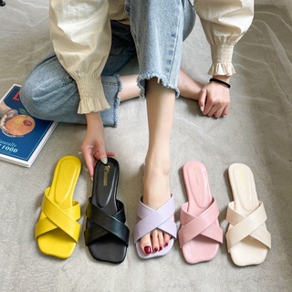 Cross Sandalias Zapatillas De Las Mujeres De Verano Versión Coreana Color Caramelo Cuadrado Dedo Del Pie Plano Inferior Exterior