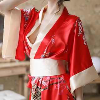 Stam Women Sexy Lingerie Set Traditional Japanese Kimono Floral Robe Yukata Anime Cosplay Uniform Bowknot Waistband Nightgown (6)