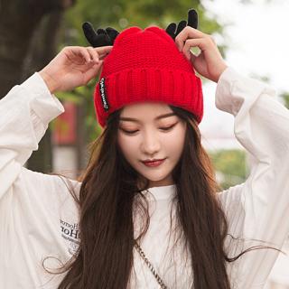 Otoño e invierno gorros de lana cálidas de navidad coreana cornamentas de punto dulce lindo terciopelo orejeras niñas sombreros (1)