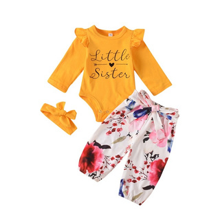 Autumn Baby Girl Long Sleeve Letter Print Romper Tops Floral Trousers Headband Outfits Clothes