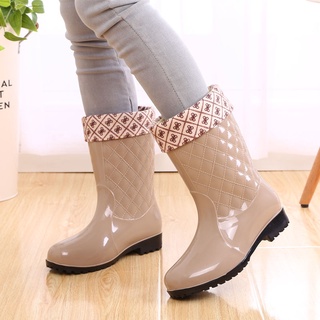 [Listo Stock] Versión Coreana Cepillado Botas De Lluvia De Las Mujeres Antideslizante Impermeable Zapatos De Invierno Moda Caliente