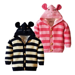 ╭trendywill╮Toddler Infant Baby Boy Girl Warm Stripe Knitted Hooded Tops Sweater Outfit Coat