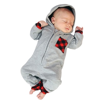 ╭trendywill╮Newborn Infant Baby Boy Girl Plaid Hooded Romper Jumpsuit Outfits Clothes