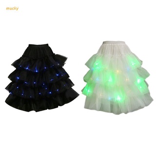 muc Women Lolita Layered Tulle Skirt LED Light Up Luminous Petticoat 3 Tiered Gauze Ruffled Elastic Waist Bustle Hoopless Wedding Underskirt