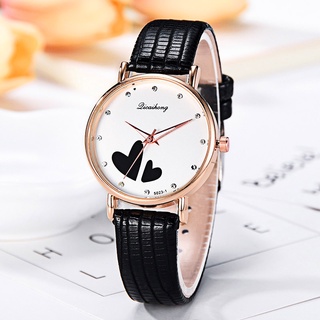 Women Quartz Watch Love Heart Pattern Dial with PU Leather Strap