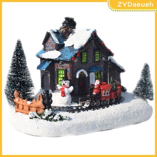 casas de pueblo de navidad-micro paisaje resina casa luminosa tren decoración, estilo europeo tradicional terminado