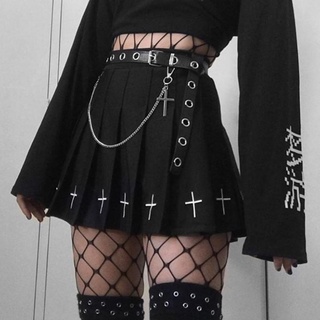 mujeres casual punk cruz bordado negro cinturones cintura alta una línea gótico oscuro harajuku fondos streetwear