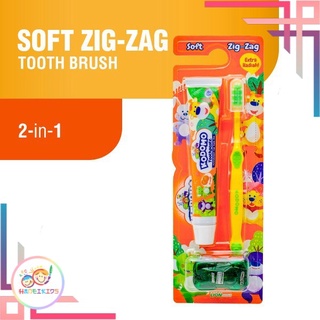 Hanei 2 en 1 Kodomo - cepillo de dientes infantil, pasta de dientes Kodomo, cepillo de dientes ZigZag 2 en 1, cepillo de dientes
