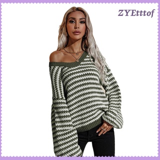 Women V Neck Long Sleeve Sweater Streetwear stripe Sweater Knitted, Ladies Long Sleeve Casual Jumper Pullover Autumn (7)