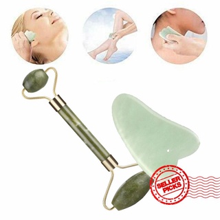 rodillo verde y gua sha herramientas conjunto de jade natural masajeador de espalda piedras para raspador de cara mandíbula r0v8