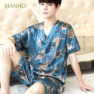lianhui moda pijama conjuntos casual de dibujos animados masculino ropa de dormir cuello v top hielo seda pantalones cortos de manga corta 2 unids/set ropa de dormir